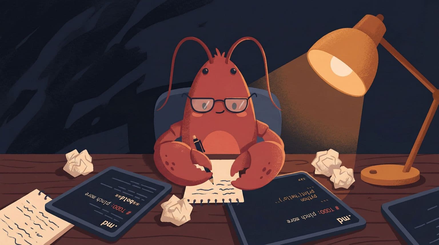 A lobster sitting at a desk surrounded by markdown files - illustrating OpenClaw's memory challenge
